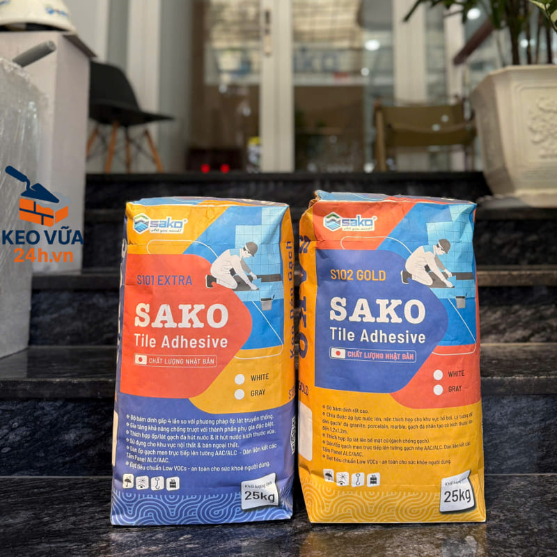 Sản phẩm keo dán gạch Sako loại S101 Extra và S102 Gold đóng bao tiêu chuẩn 25kg