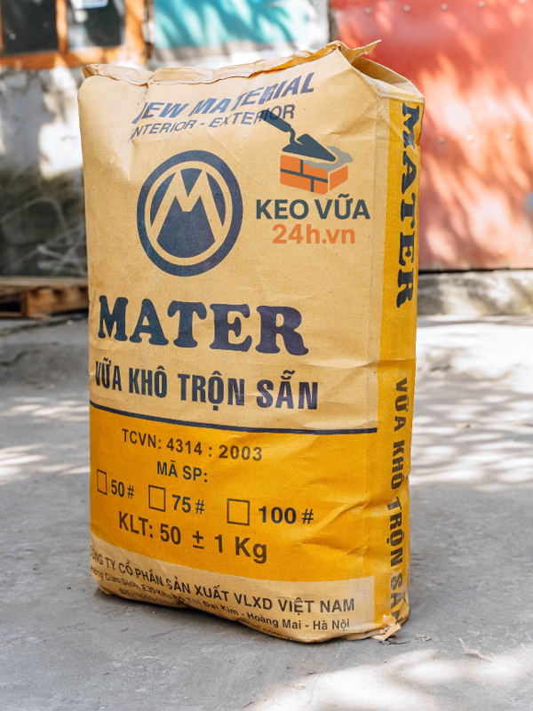 Mặt trước bao bì vữa khô trộn sẵn Mater
