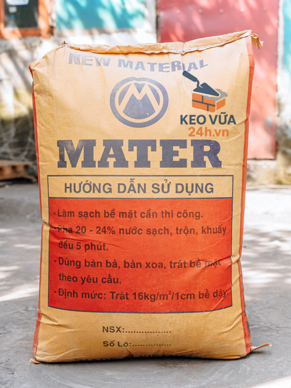 Sản phẩm vữa trát gạch nhẹ AAC của Mater bao 50kg, Ảnh mặt sau