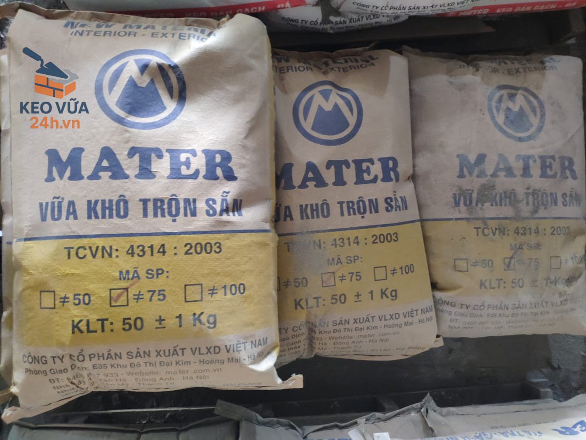 Vữa khô Mater đóng bao 50kg với các cấp cường độ nén mác M50 75 100