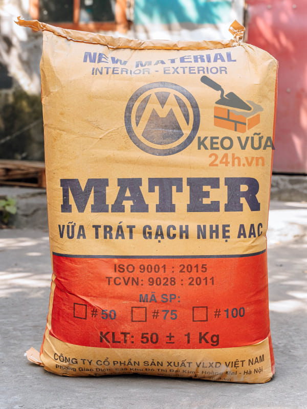 Hình ảnh bao vữa Mater M75 – sản phẩm chuyên dùng cho trát tường gạch nhẹ AAC, đạt tiêu chuẩn TCVN.